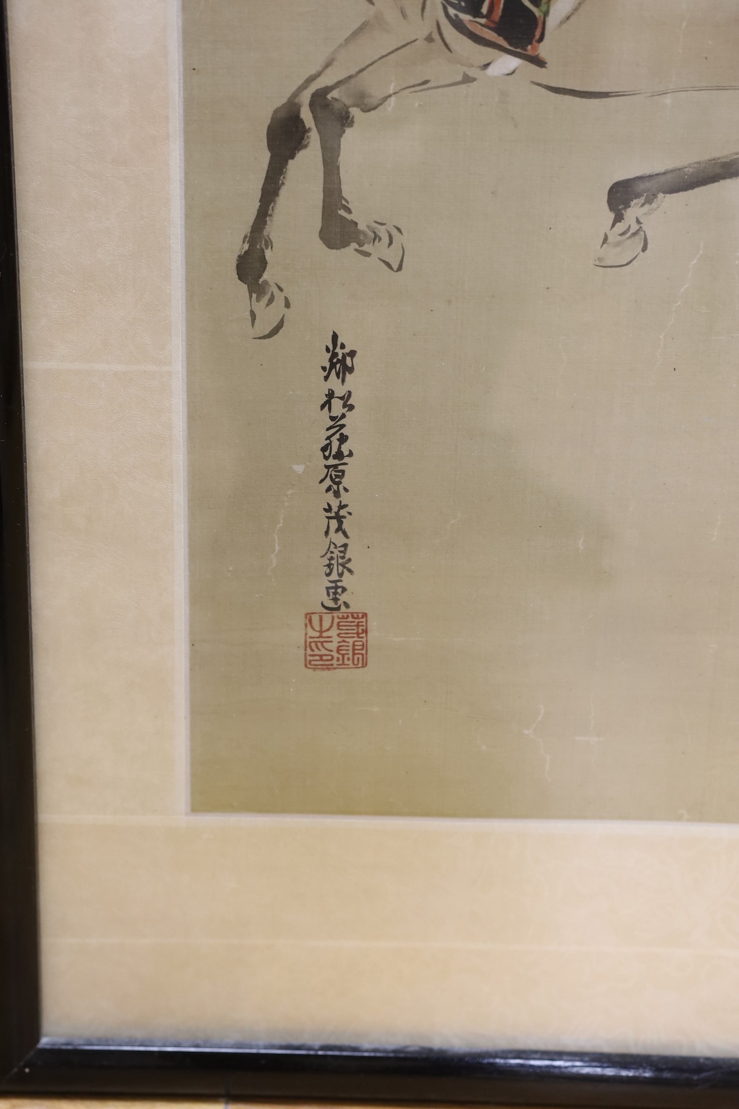 Japanese School, 19th century, Ink and colour on silk, Samurai on horseback, inscribed - 59 x 30cm